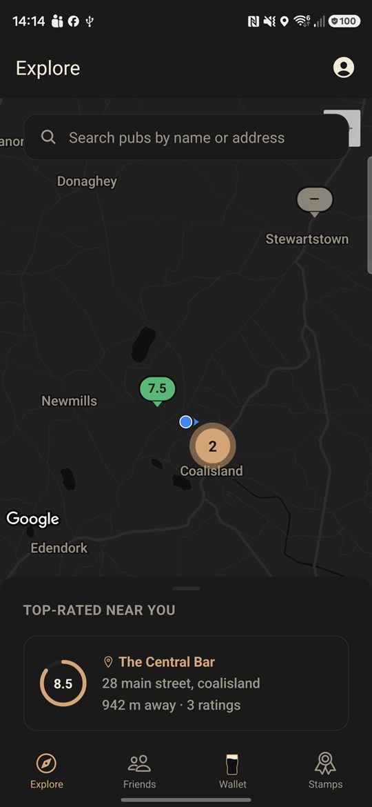 Explore: nearby pubs on a map with their scores
