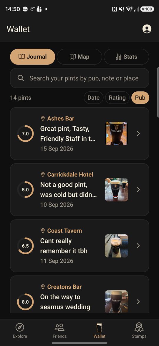The journal: pints listed with scores, notes and photos